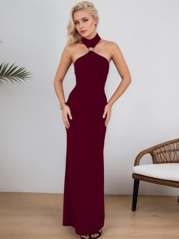 Sexy Metal Buckle Wrap Chest Slim Bodycon Maxi Dress Women Sleeveless Off Shoulder Slit Long Evening Dress Club Party Vestidos - Image 2