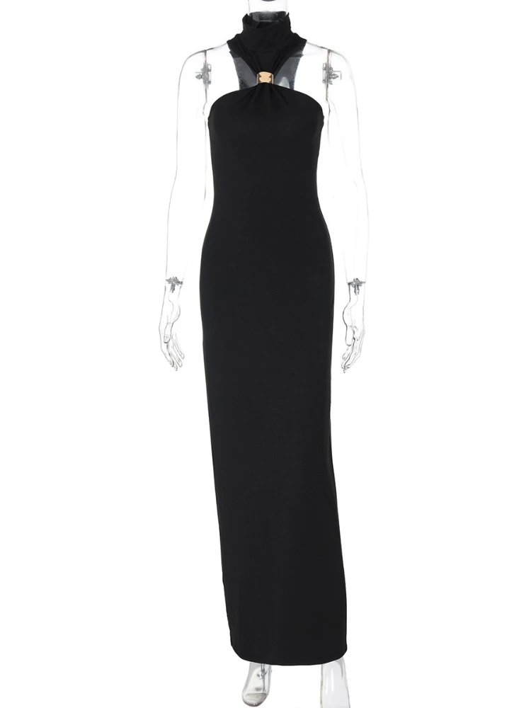Sexy Metal Buckle Wrap Chest Slim Bodycon Maxi Dress Women Sleeveless Off Shoulder Slit Long Evening Dress Club Party Vestidos - Image 3