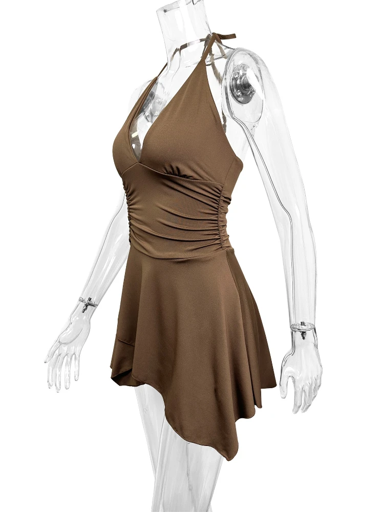 Sexy Halter Deep V Neck Shirring Flounce Hemline Slim Bodycon Dress Women Backless Sleeveless Skinny Dress Elegant Club Party - Image 3
