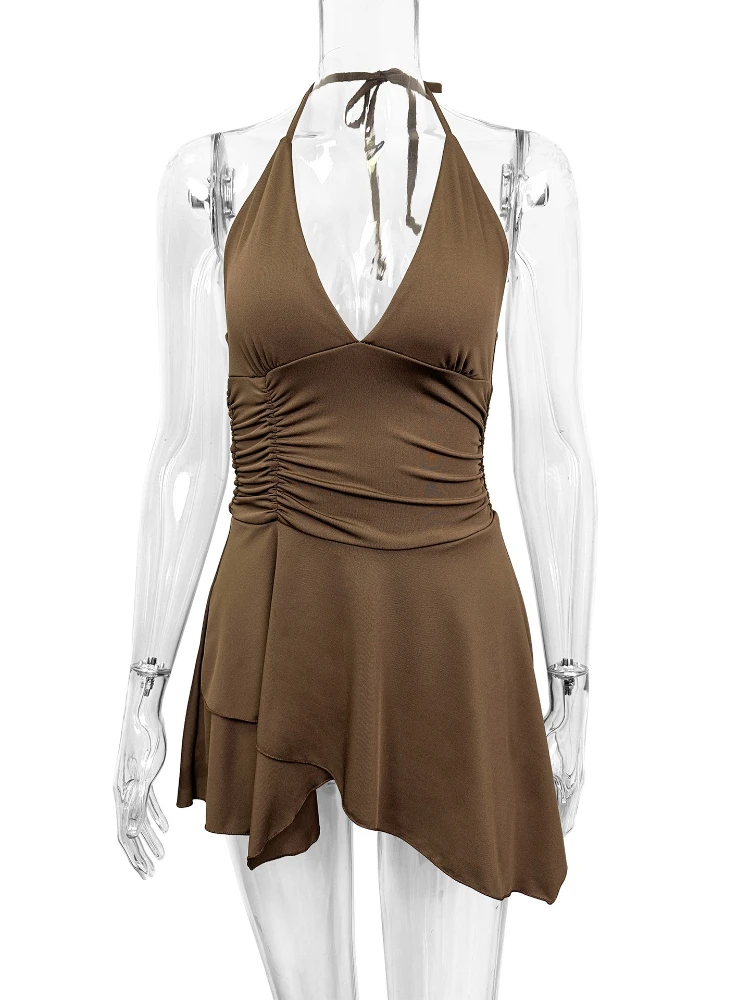 Sexy Halter Deep V Neck Shirring Flounce Hemline Slim Bodycon Dress Women Backless Sleeveless Skinny Dress Elegant Club Party - Image 2