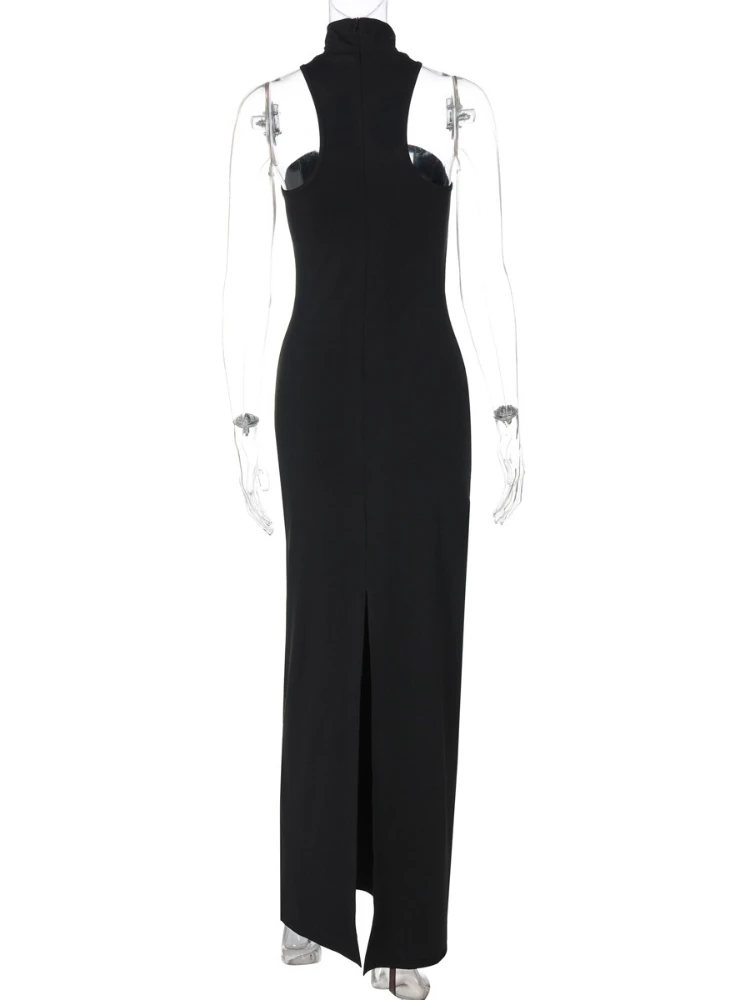Sexy Metal Buckle Wrap Chest Slim Bodycon Maxi Dress Women Sleeveless Off Shoulder Slit Long Evening Dress Club Party Vestidos - Image 4