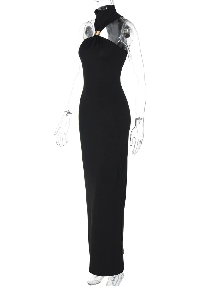 Sexy Metal Buckle Wrap Chest Slim Bodycon Maxi Dress Women Sleeveless Off Shoulder Slit Long Evening Dress Club Party Vestidos - Image 5