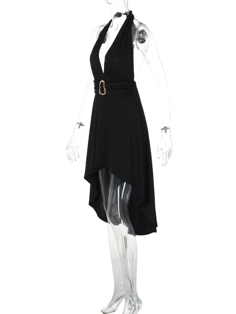 Sexy Deep V Neck Metal Buckle Belt Bodycon Dress Women Backless Ruffled Hemline Skinny Dress Elegant Club Party Vestidos - Image 5